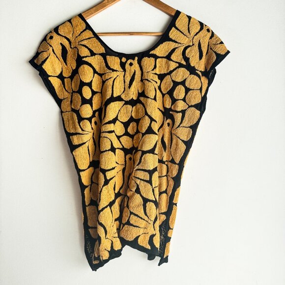 Vintage Fully Embroidered Black Mustard Green Summer Boho Top S - Picture 3 of 5